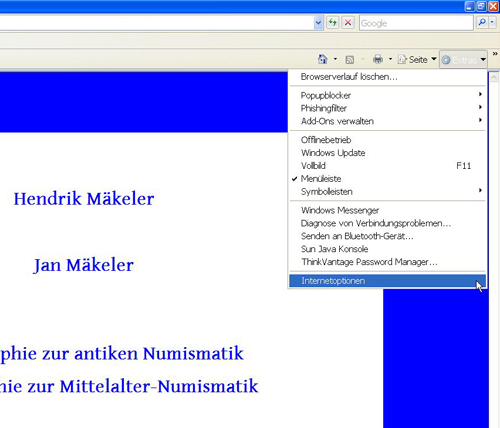 Klicken Sie unter „Extras“ auf „Internetoptionen“.