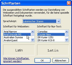 Setzen Sie die „Schriftart für Webseiten“ auf „Arial Unicode MS“ und klicken Sie „OK“.